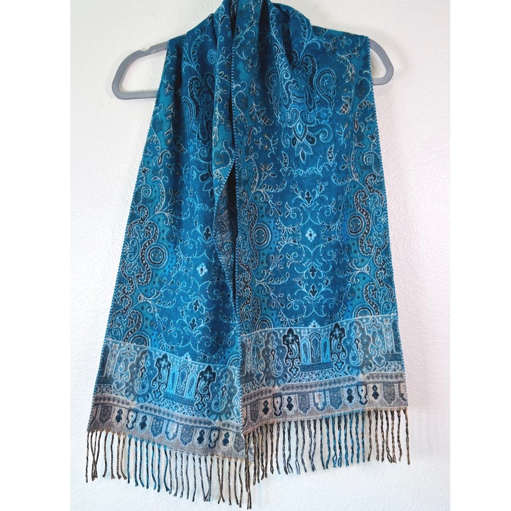 Preston & York Teal Blue Paisley Scarf Fringe Trim Made in Germany Bohemian